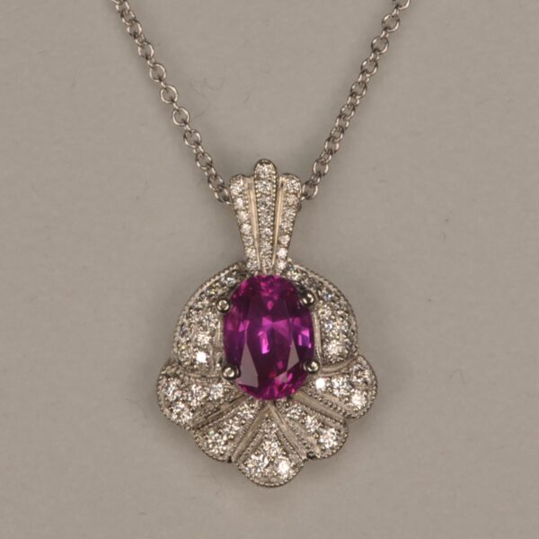 Hot pink sapphire and diamond pendant with chain, vibrant and brilliant