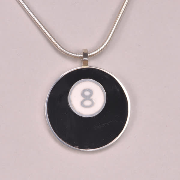 Eight ball, 8 ball silver pendant enamel with chain