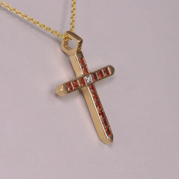 Fine orange sapphire and diamond cross, crucifix, modern