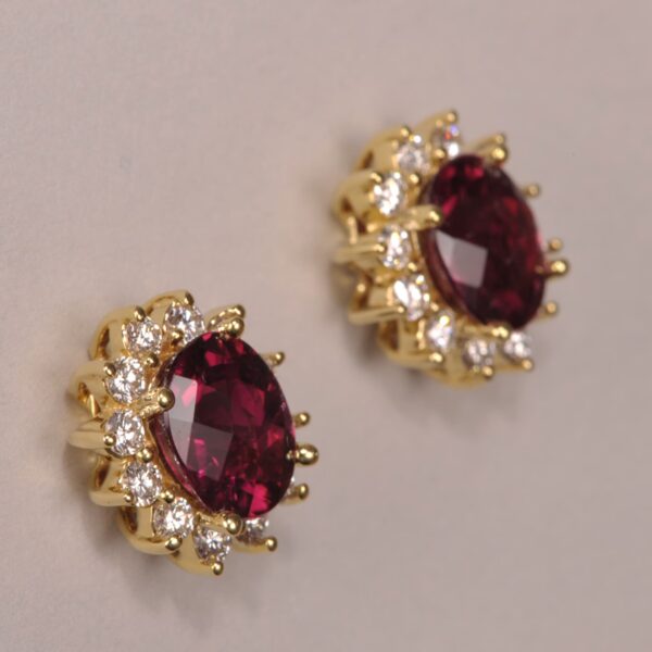 Rubelite tourmaline diamond earrings, special pineapple cut tourmalines