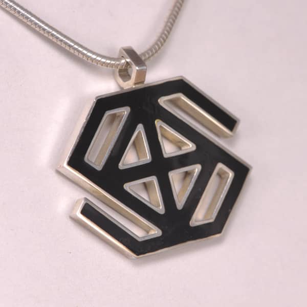 Sterling silver abstract enamel pendant with chain, cajuel geometric, new