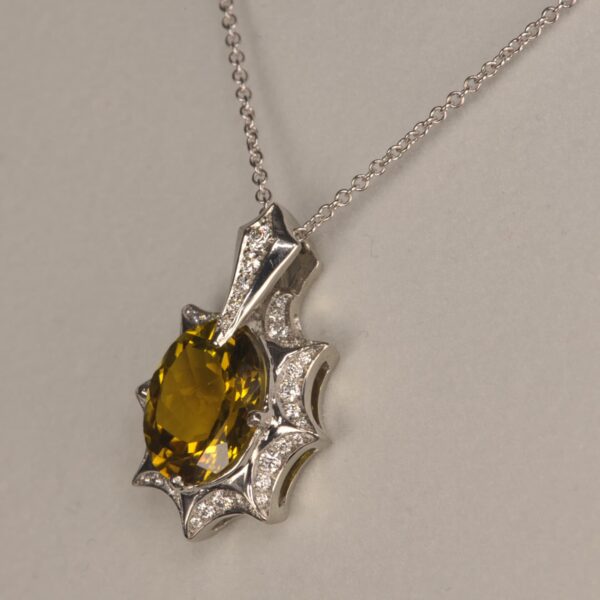 Yellow sapphire and diamond pendant with chain, bright sunshine color, new