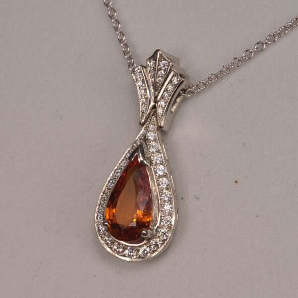 Very Fine orange sapphire and diamond pendant, hinged diamond bail, handmade