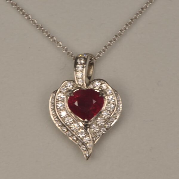 Heart shaped ruby and diamond pendant, necklace, fine red ruby