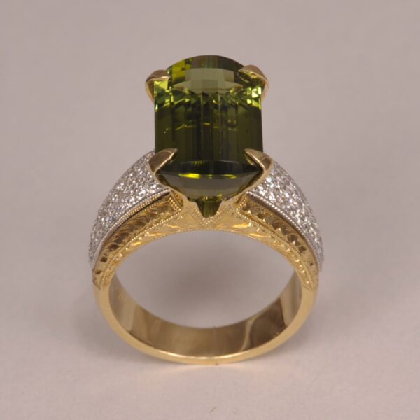 Green tourmaline and diamond ring, special cut