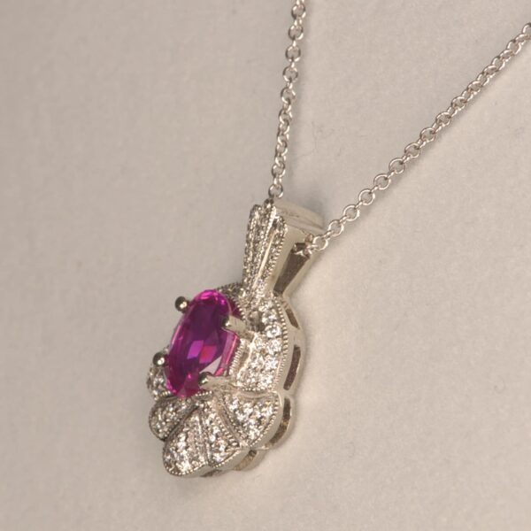 Hot pink sapphire and diamond pendant with chain, vibrant and brilliant