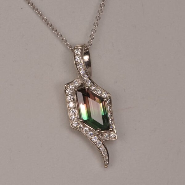 Bi-color tourmaline and diamond pendant, bi color, Cajuel deco style, MINT