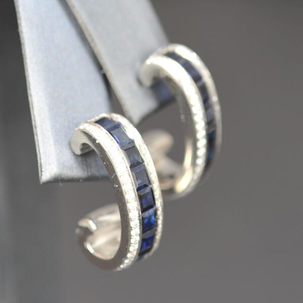 14k white gold blue sapphire and diamond dangle earrings with posts