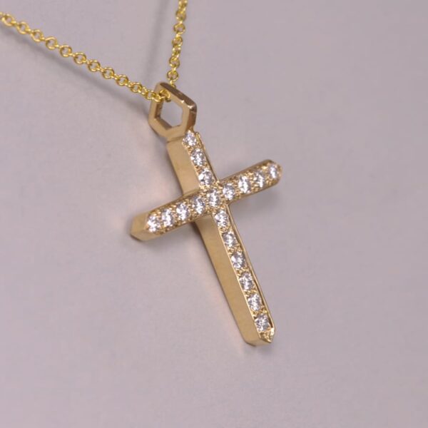 14k yellow gold modern diamond cross with 14k chain