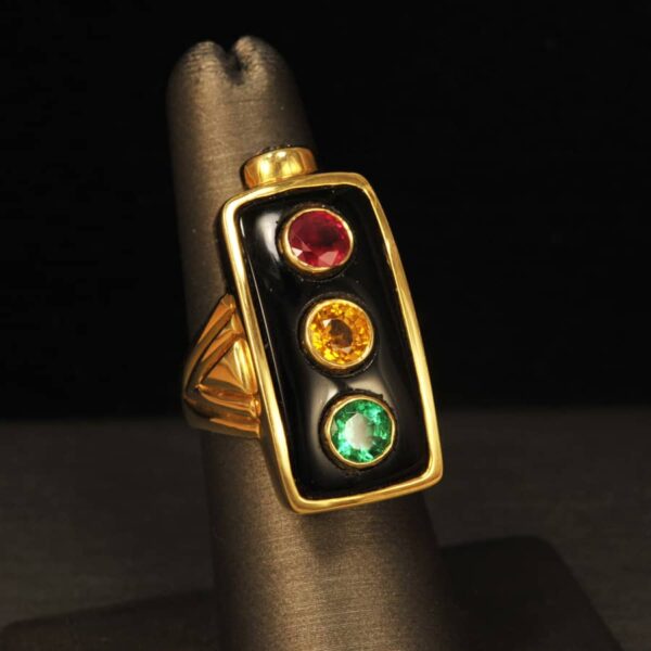 18K gold signal ring, diamond, ruby, emerald, yellow sapphire