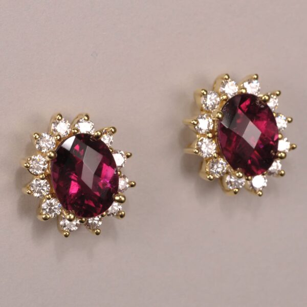 Rubelite tourmaline diamond earrings, special pineapple cut tourmalines