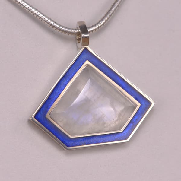 Moonstone and enamel modern silver pendant with chain