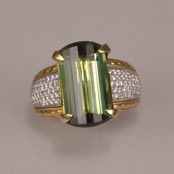 Green tourmaline and diamond ring, special cut