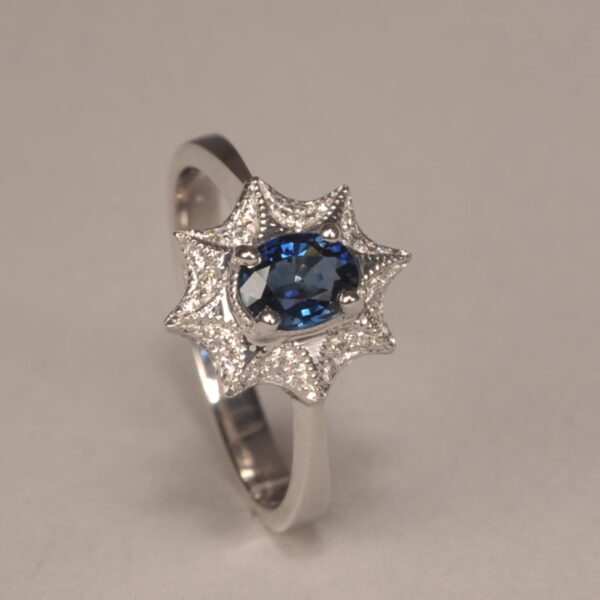 Blue sapphire and diamond ring, handmade, brand new