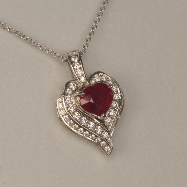 Heart shaped ruby and diamond pendant, necklace, fine red ruby