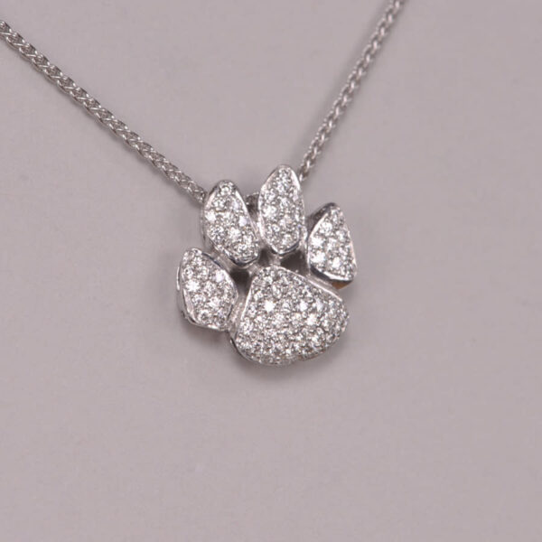 14k white gold diamond cat paw / cub paw pendant with chain