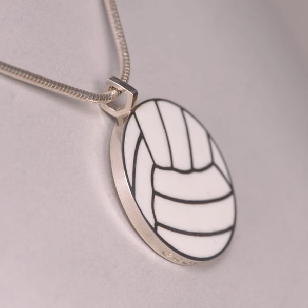 Silver Volleyball pendant with enamel and chain, new