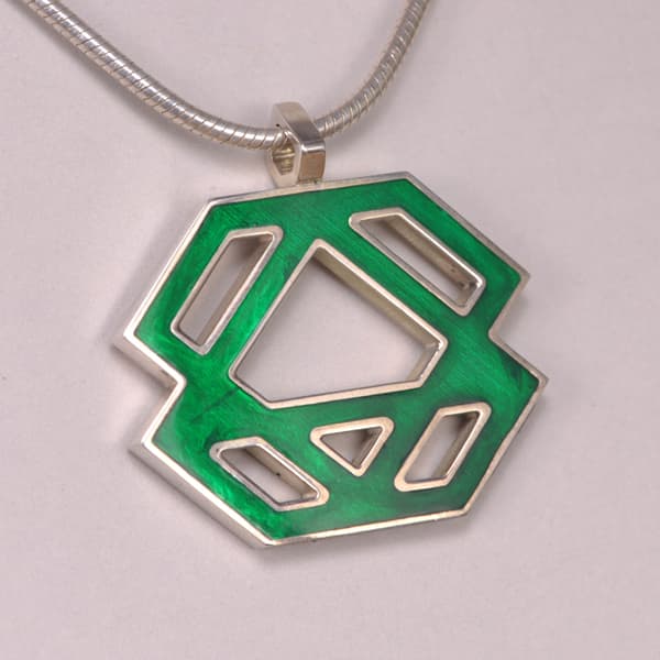 Sterling silver abstract enamel pendant with chain, cajuel geometric, new