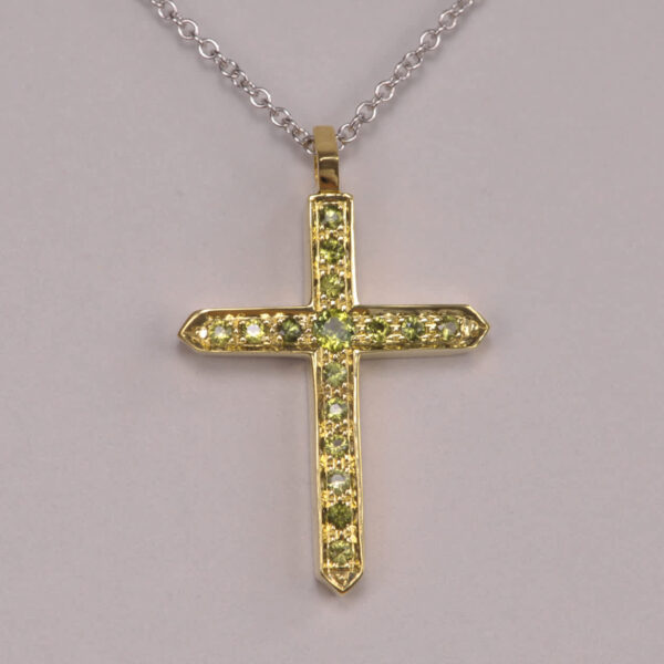 18K green gold with natural green sapphire crucifix, cross, modern