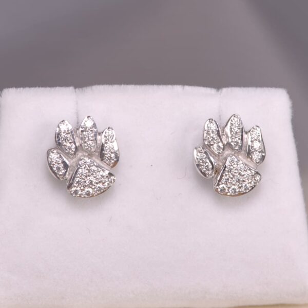 14k white gold and diamond cat paw earrings, cub paw earrings