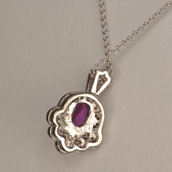 Hot pink sapphire and diamond pendant with chain, vibrant and brilliant