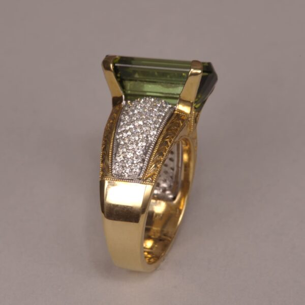 Green tourmaline and diamond ring, special cut