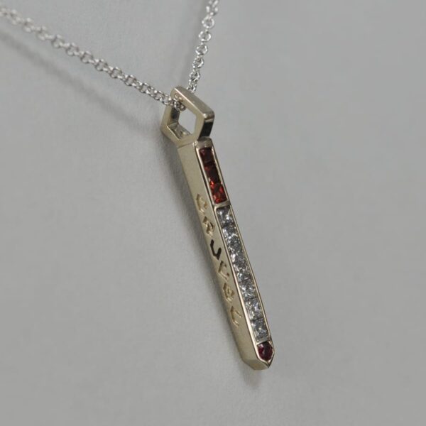 14k diamond and ruby and orange sapphire cigarette pendant with chain