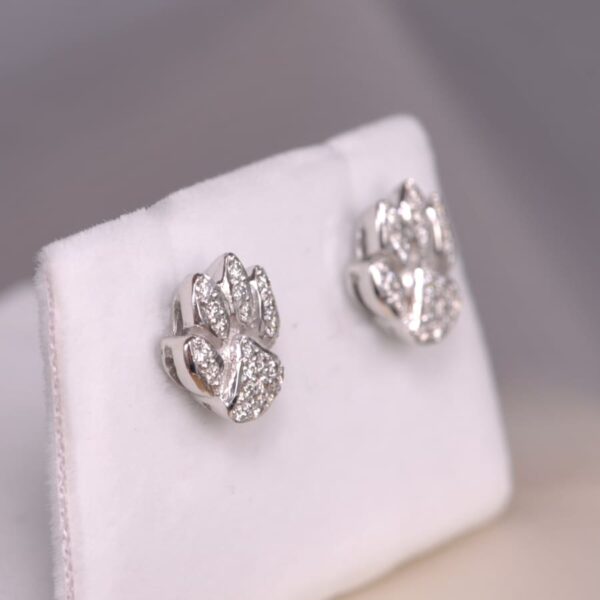 14k white gold and diamond cat paw earrings, cub paw earrings