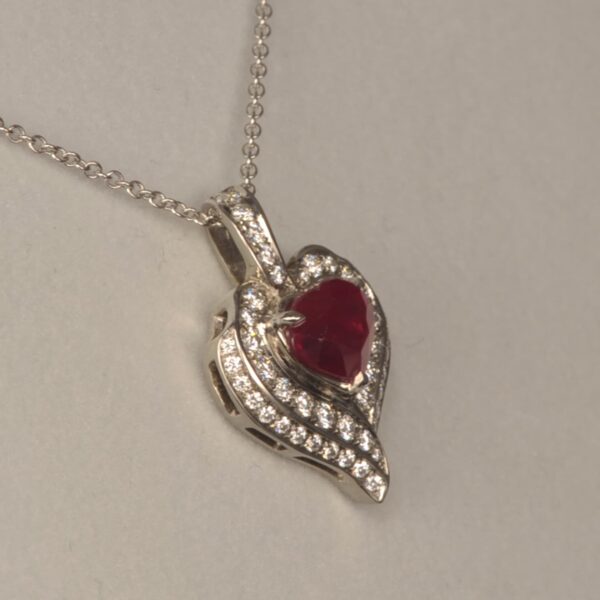 Heart shaped ruby and diamond pendant, necklace, fine red ruby