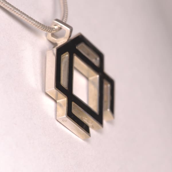 Sterling silver abstract enamel pendant with chain, cajuel geometric, new