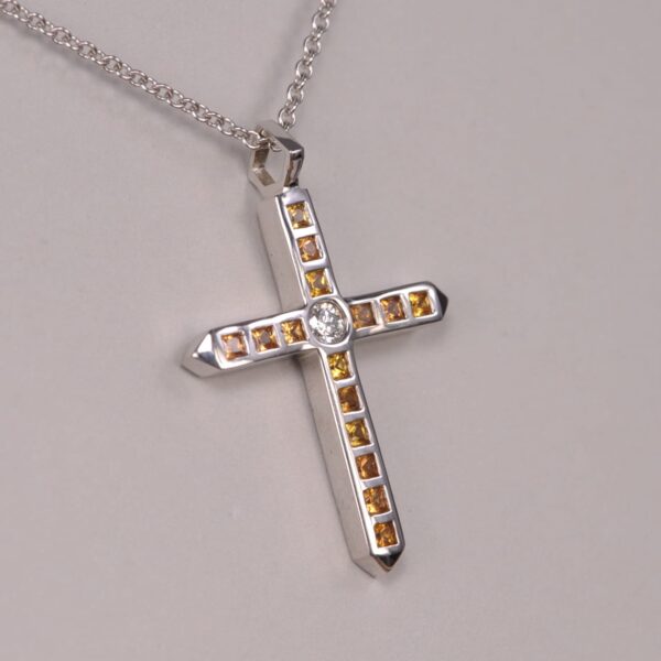 14K white gold yellow sapphire and diamond cross, crucifix, modern