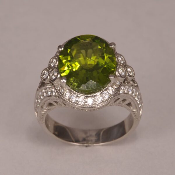 Impressive natural peridot and diamond ring