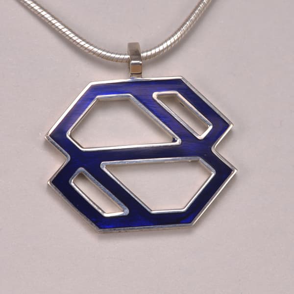 Silver abstract enameled pendant with chain, blue, black or green