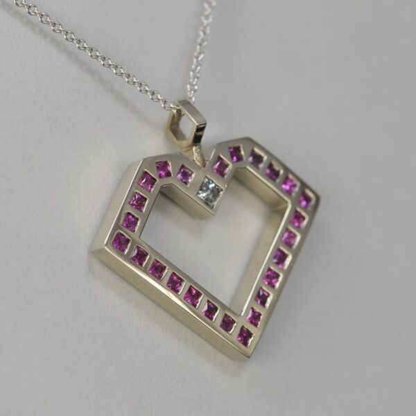 14k white gold pink sapphire and diamond geometric heart pendant w/ chain