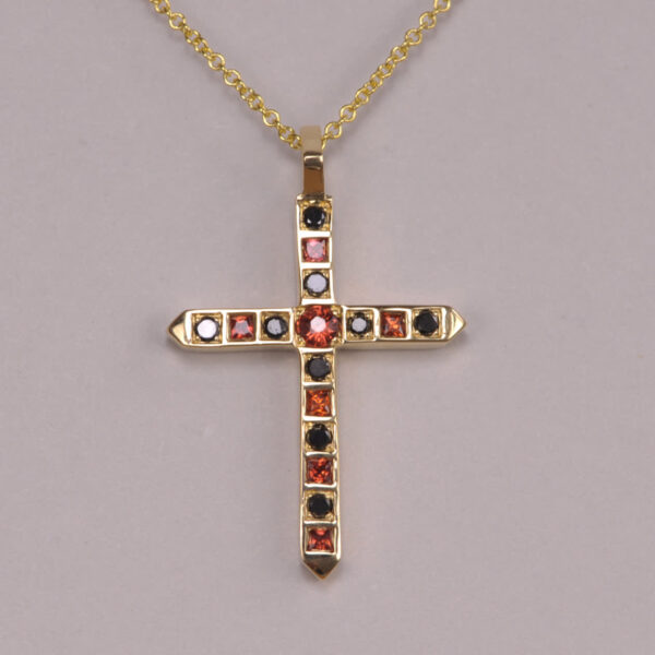 14k orange sapphire and black diamond crucifix cross