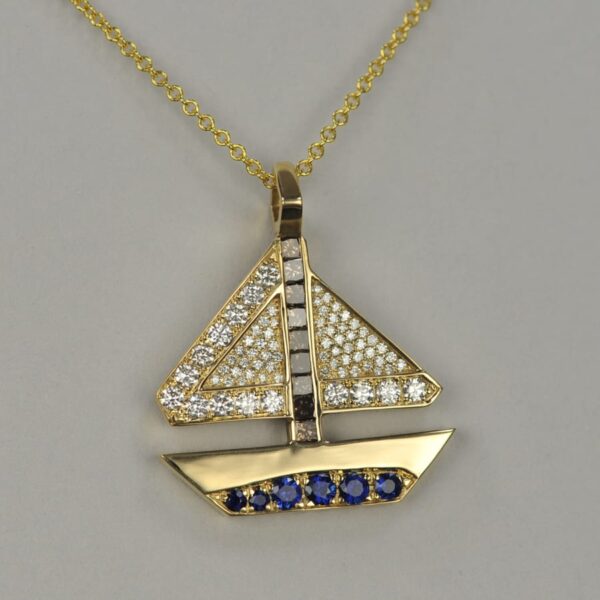 14K yellow gold geometric sailboat diamond pendant with chain