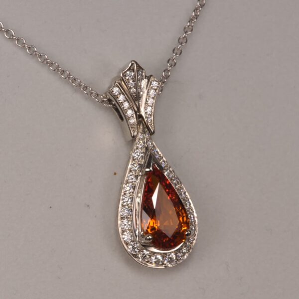 Very Fine orange sapphire and diamond pendant, hinged diamond bail, handmade