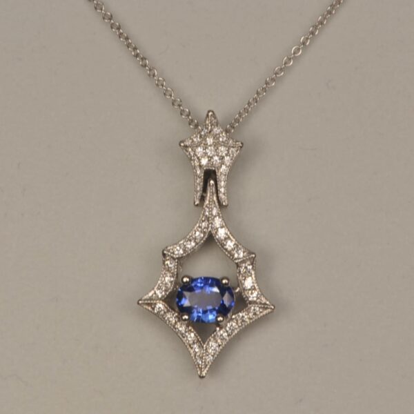 Fine blue sapphire and diamond pendant, handmade in the USA, Brand new