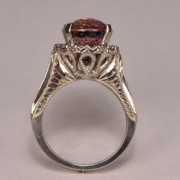 Peach tourmaline and diamond ring, handmade in the USA