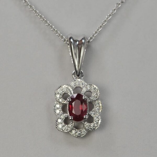 14k white gold fine ruby and diamond pendant with chain