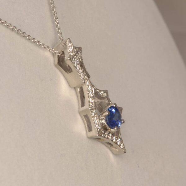 Fine blue sapphire and diamond pendant, handmade in the USA, Brand new