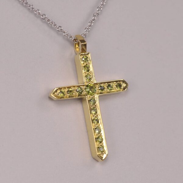 18K green gold with natural green sapphire crucifix, cross, modern