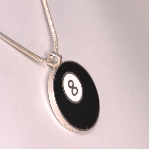 Eight ball, 8 ball silver pendant enamel with chain