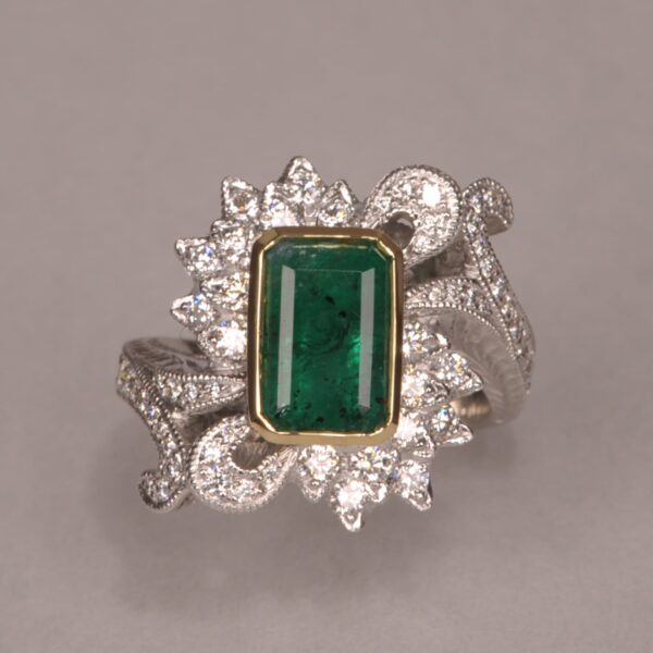 Emerald and diamond ring, two tone gold, roaring 20's design