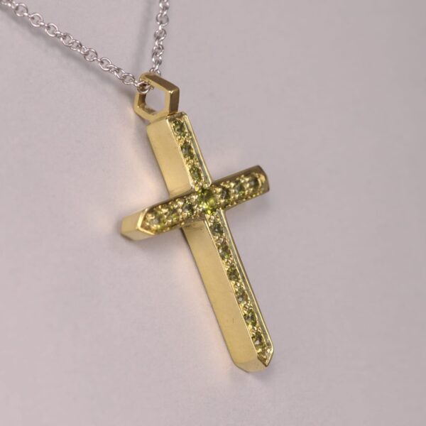 18K green gold with natural green sapphire crucifix, cross, modern