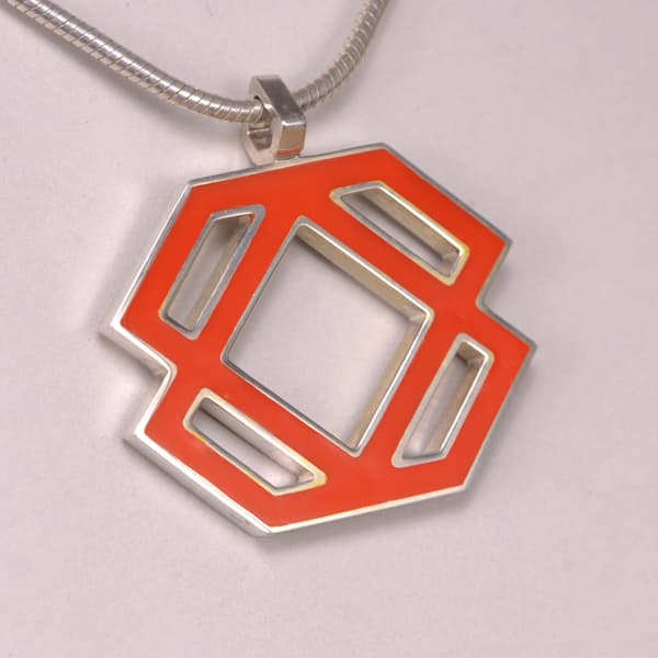 Silver abstract enamel pendant with chain, mandarin orange enamel