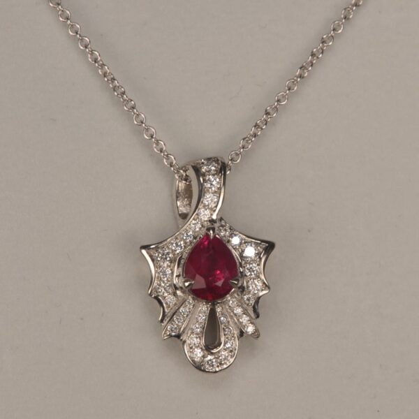 Graceful natural ruby and diamond pendant with chain, mint, new