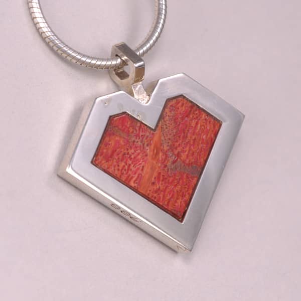 Red coral and enamel modern heart pendant and chain