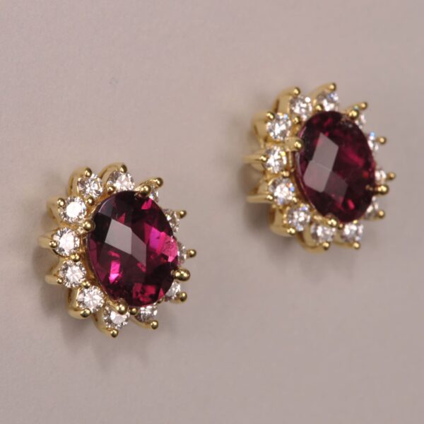 Rubelite tourmaline diamond earrings, special pineapple cut tourmalines