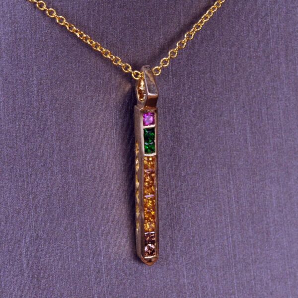 Diamond and fancy gemstone "pencil" pendant, with chain, NEW